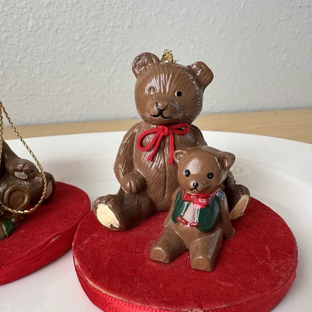 Vtg 80s Christmas Teddy Bear Ornaments w/ Ball Candle Lot 3‎ Kitsch Taiwan Red